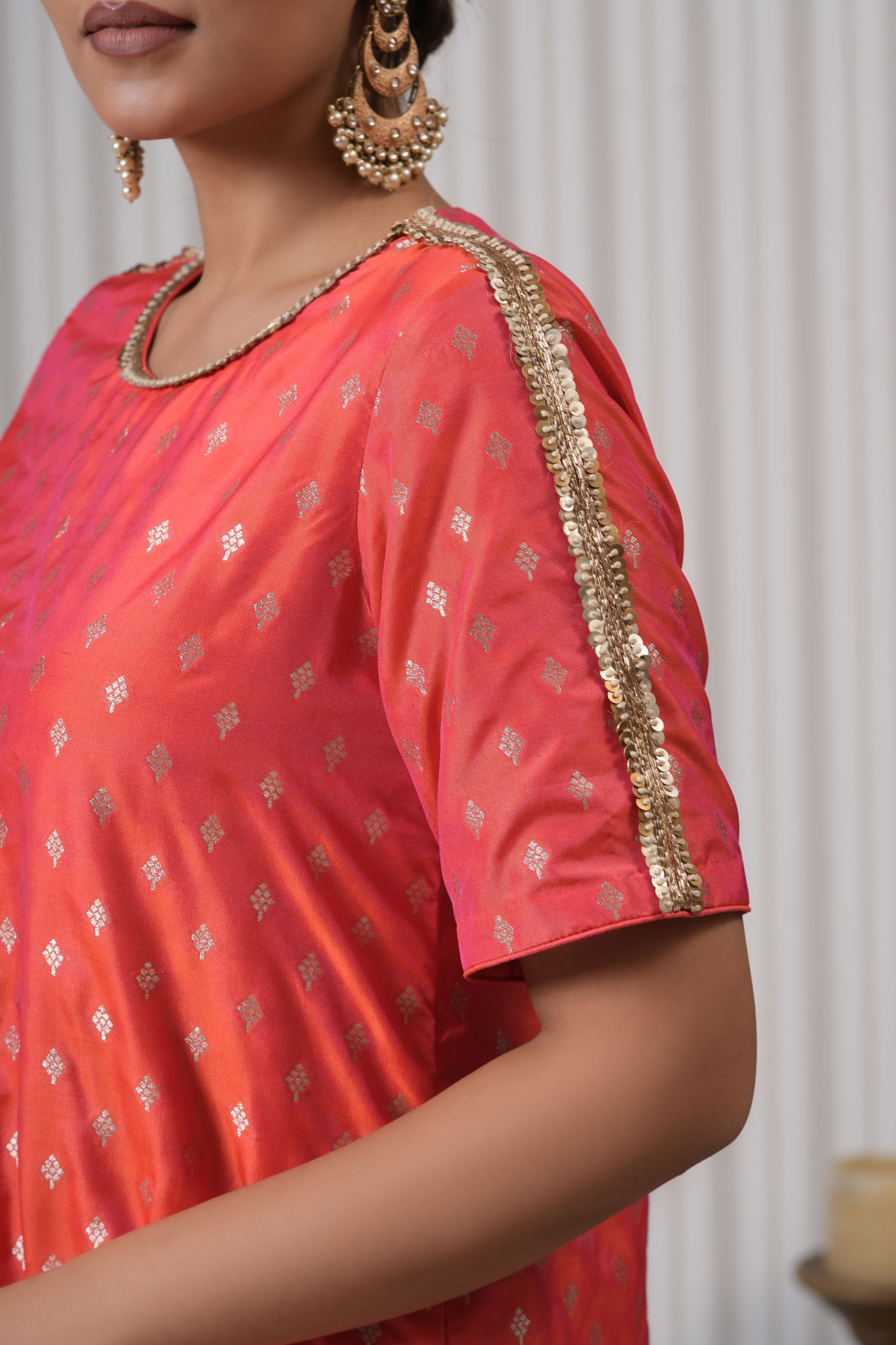Embroidered Pure Brocade Printed Asymmetric Kurta Set - Pink