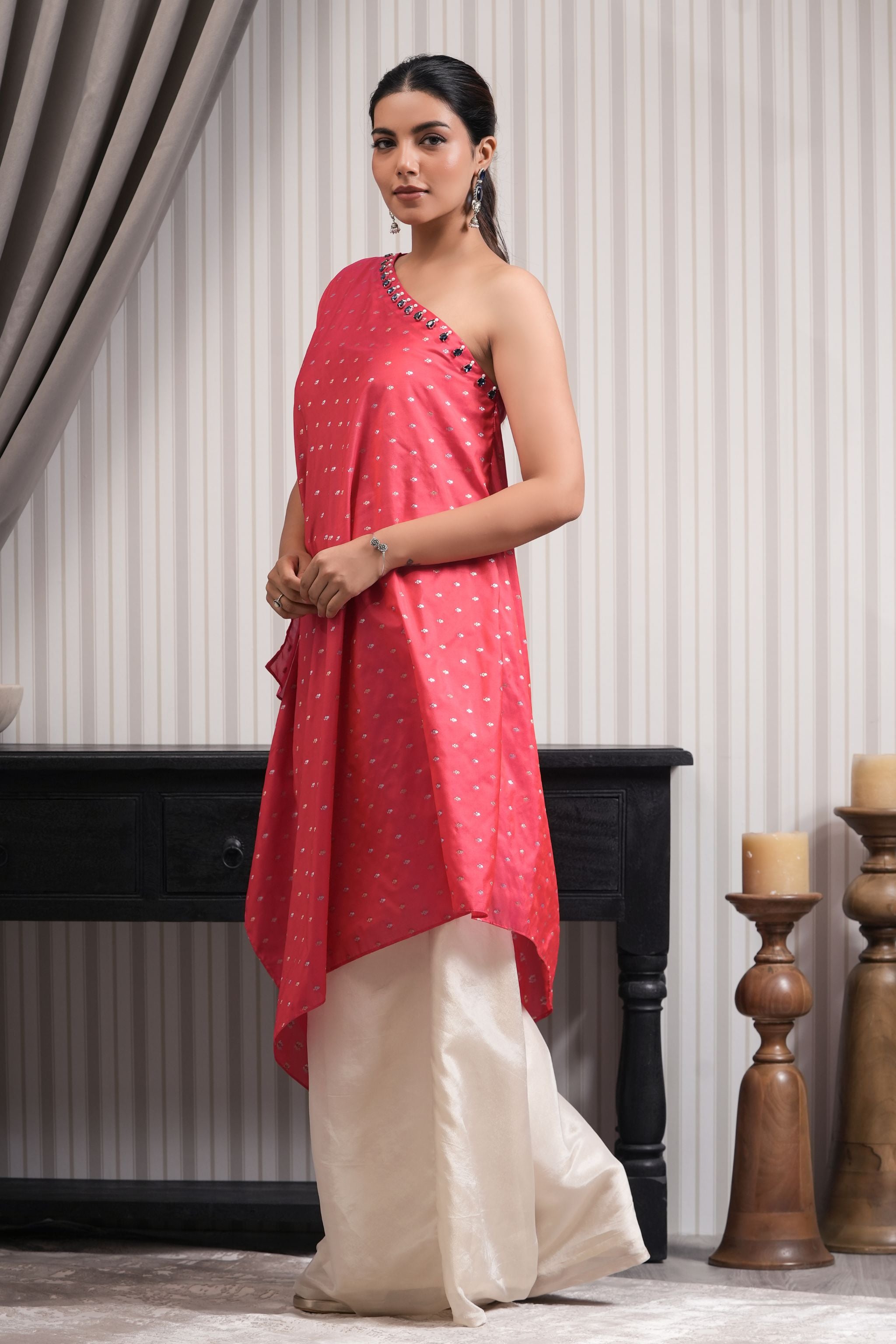One Shoulder Stone Embroidered Brocade Printed Kurta Set - Pink