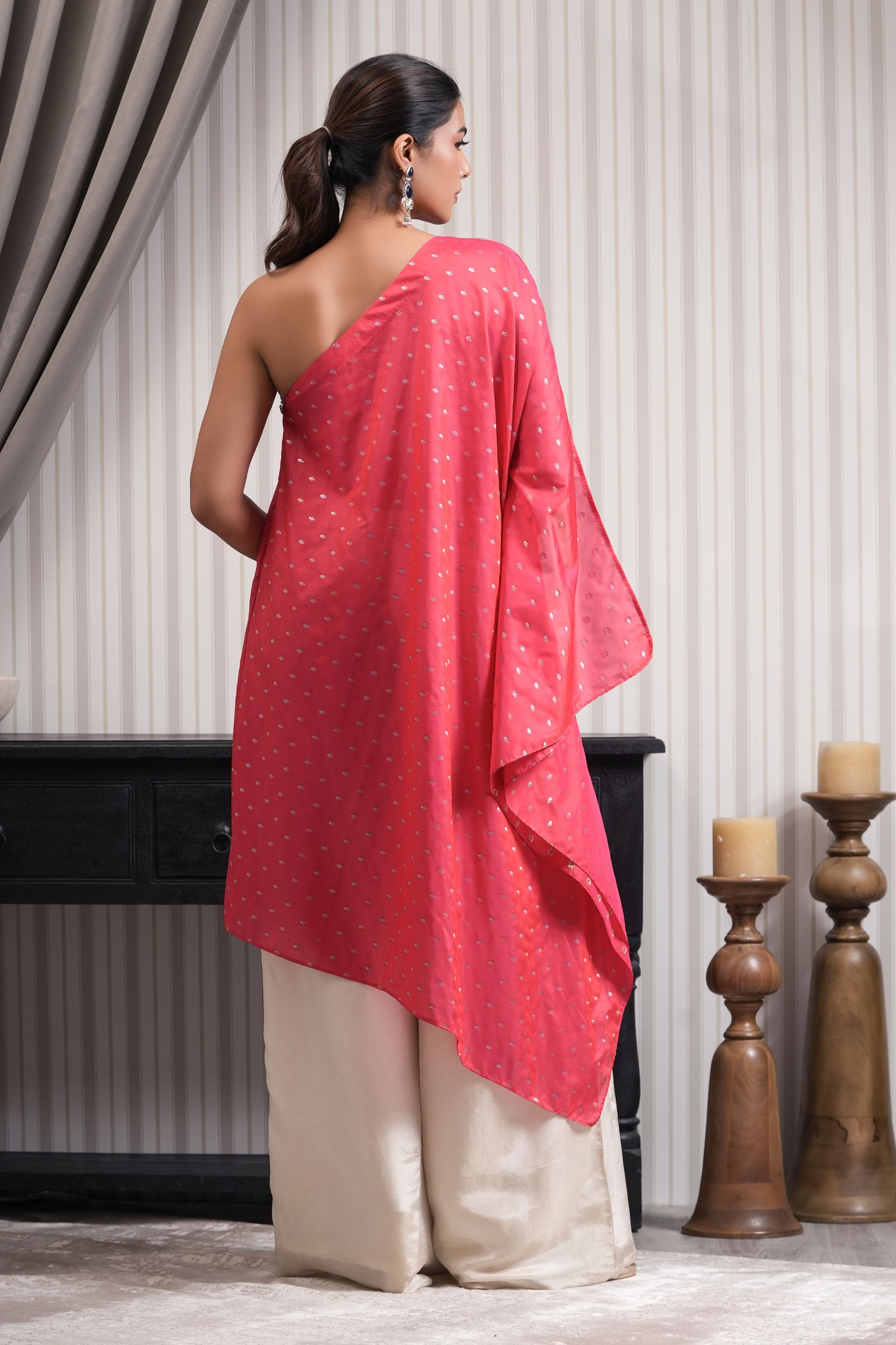 One Shoulder Stone Embroidered Brocade Printed Kurta Set - Pink