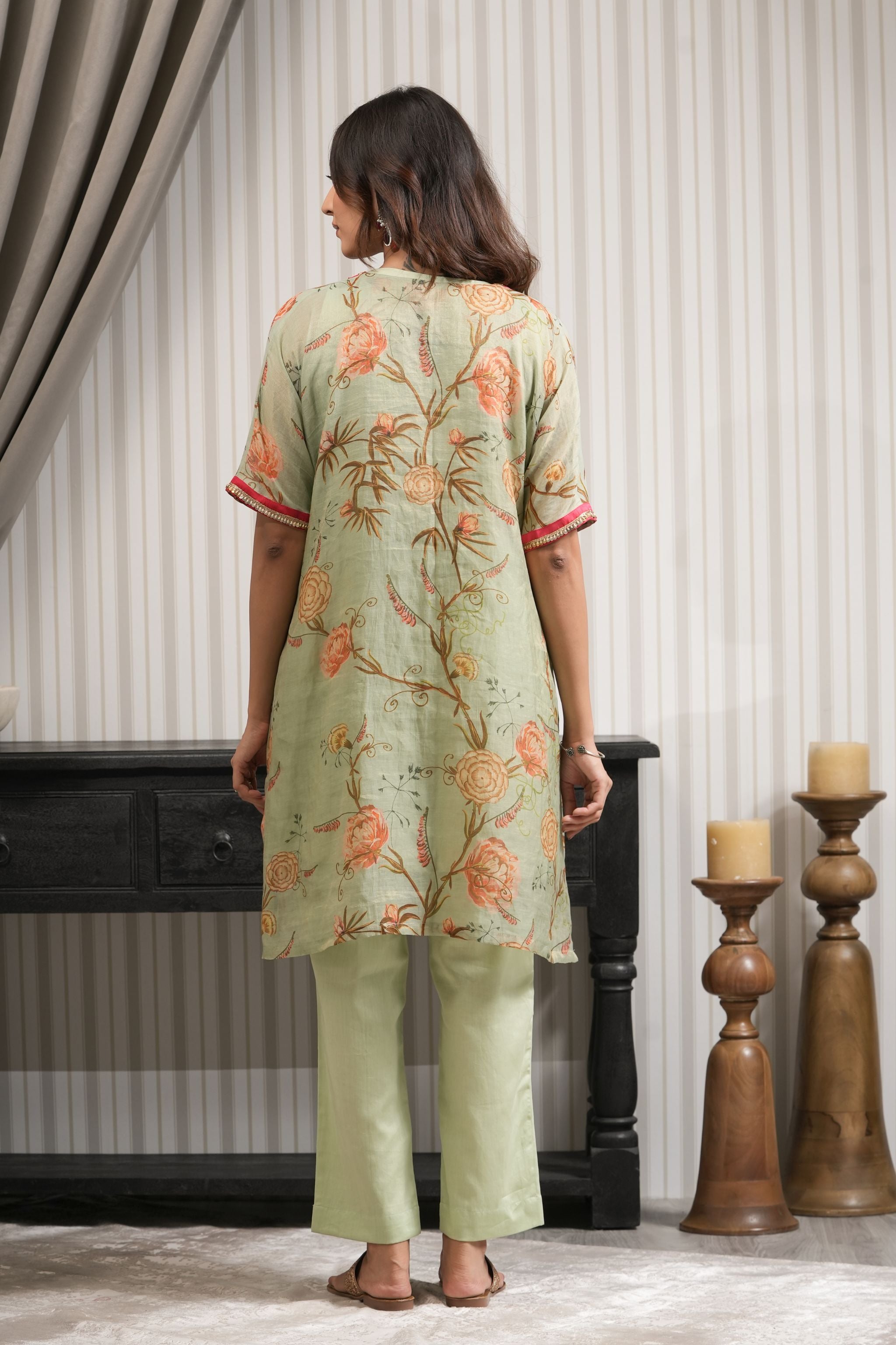 Embroidered Floral Printed Pure Chanderi Kurta Set - Pista Green