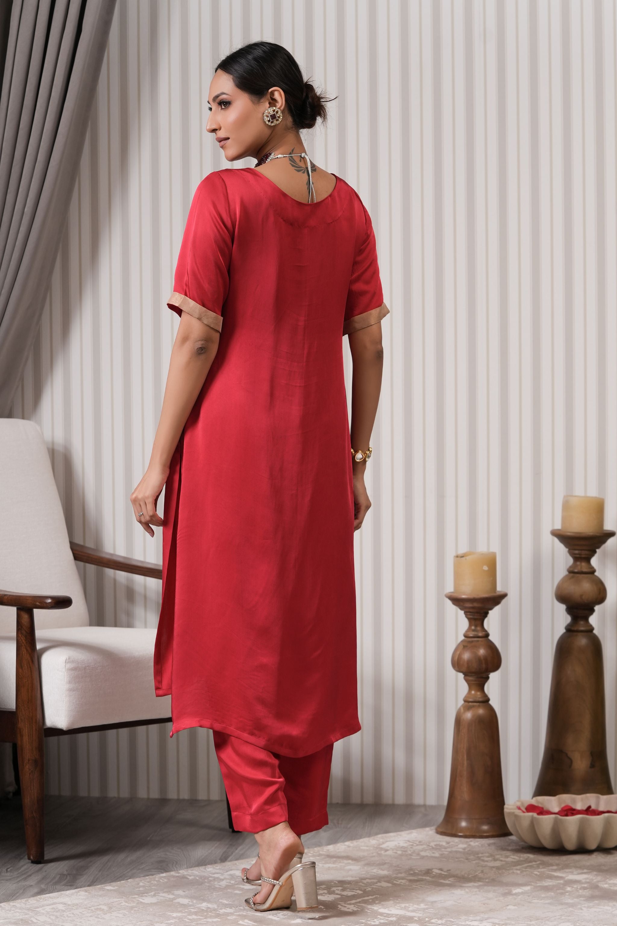 Embroidered Silk A-line Kurta Set - Red Pink