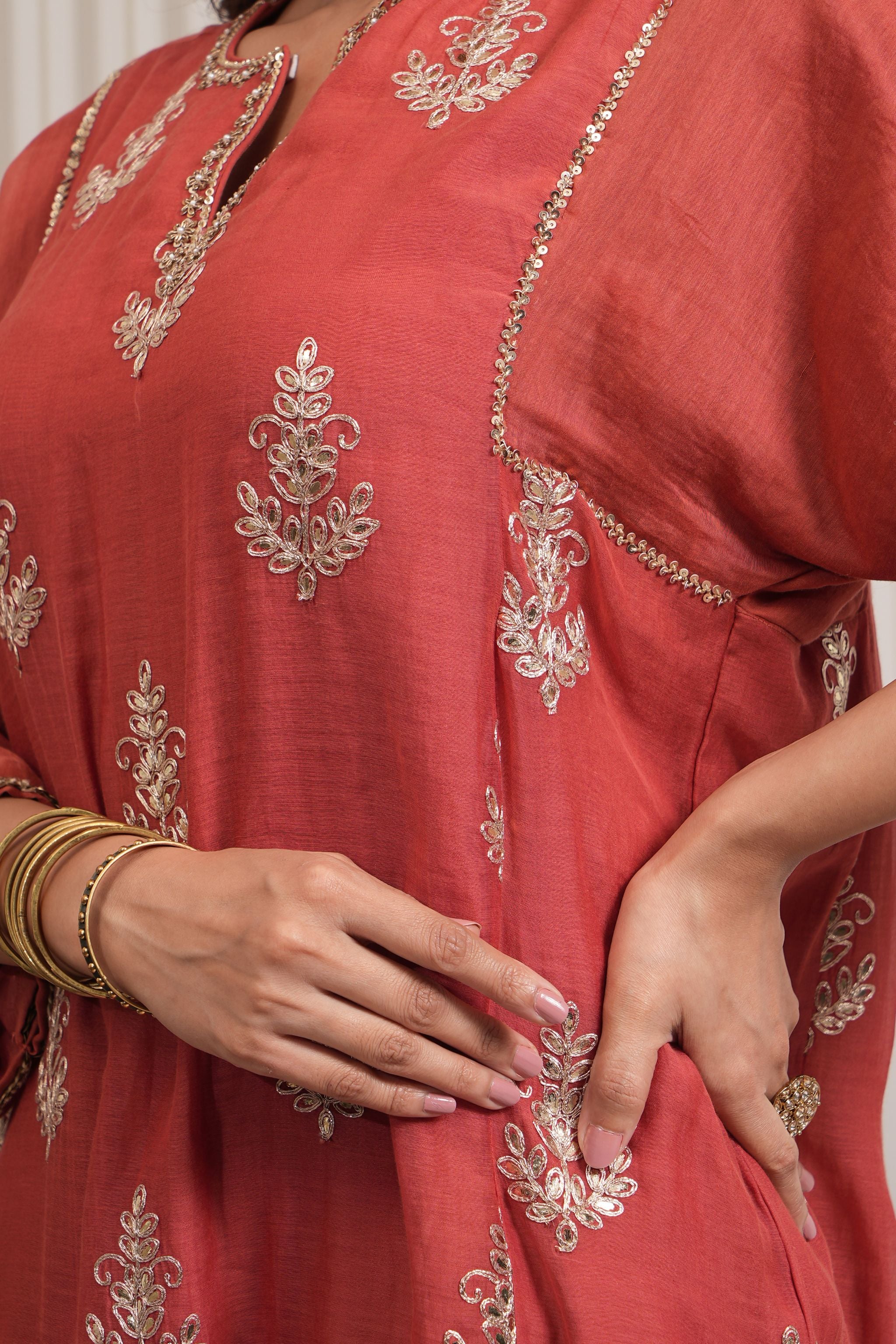 Pure Embroidered Chanderi A-line Kurta Set - Rust