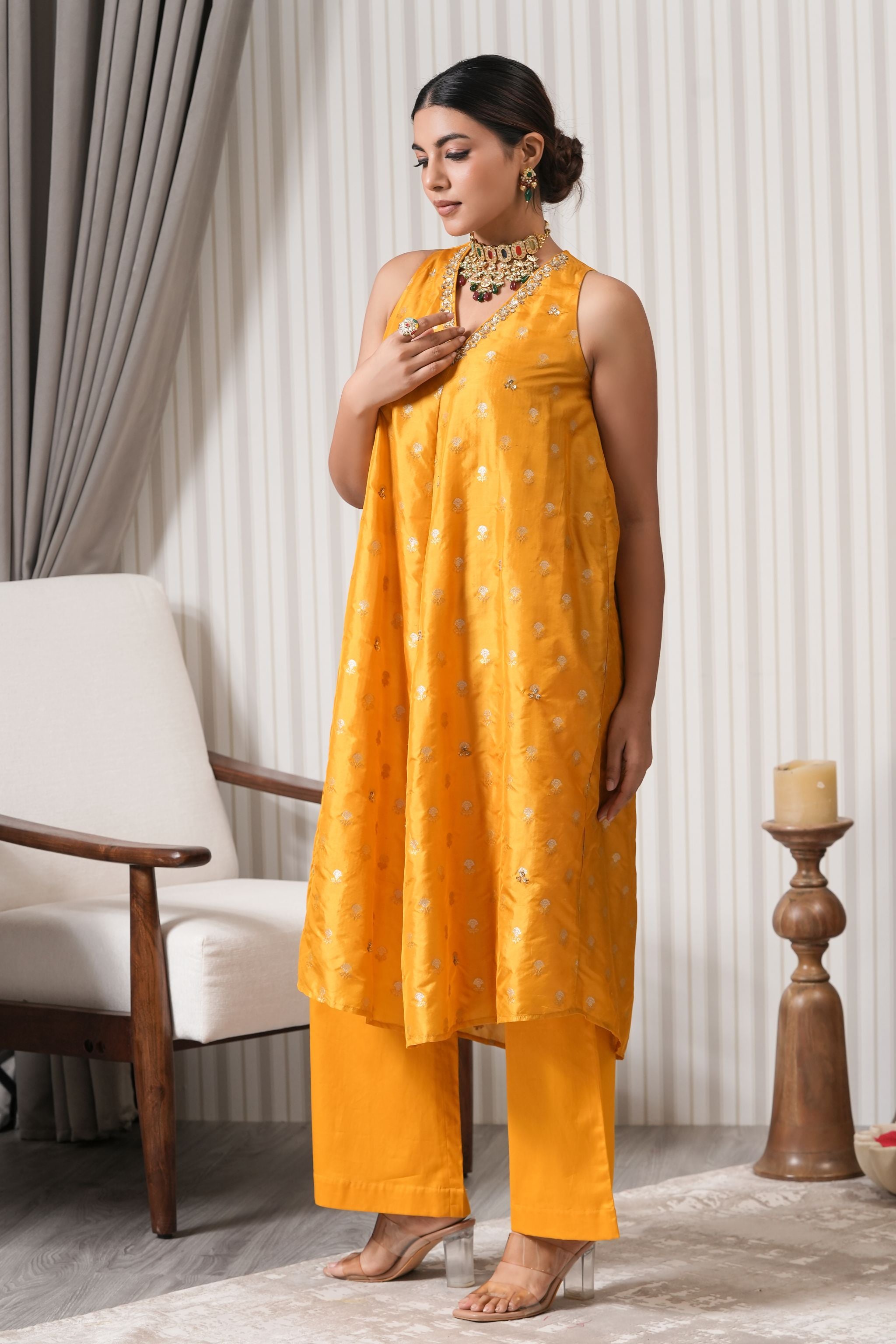 Embroidered Pure Brocade A-line Kurta Set - Yellow